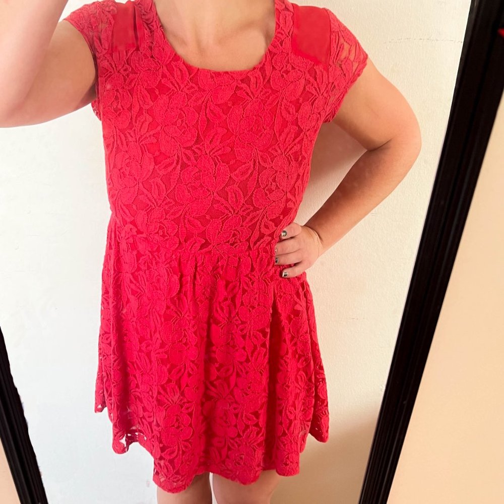 anthropologie red lace fit & flare dress w/short sleeves size medium - Picture 5 of 9